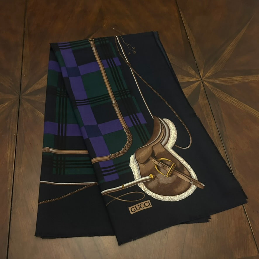 Gucci Vintage 1990s Purple/Green Plaid Shawl with Equestrian Design