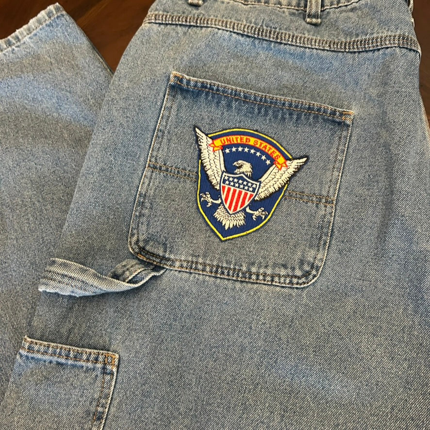 RK Hi-Rise Wide-Leg Blue Denim Painter Pant with Vintage Patch