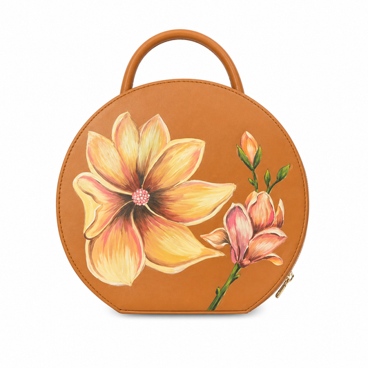Mansur Gavriel Tan Circle Handbag with Hand-Painted Flowers