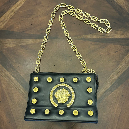 Vintage Black Leather Handbag with Gold Hardware
