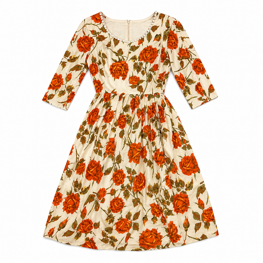 Floral Full-Skirt Dress with Faux-Pearl Double V-neckline
