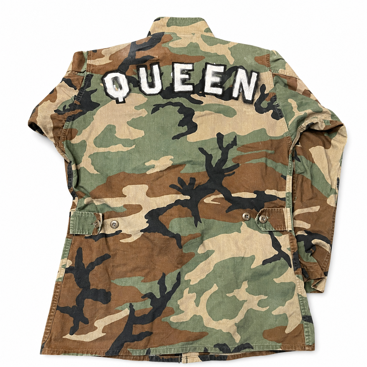 Camo Long Jacket with Hand-Painted QUEEN artwork & Vintage Patch