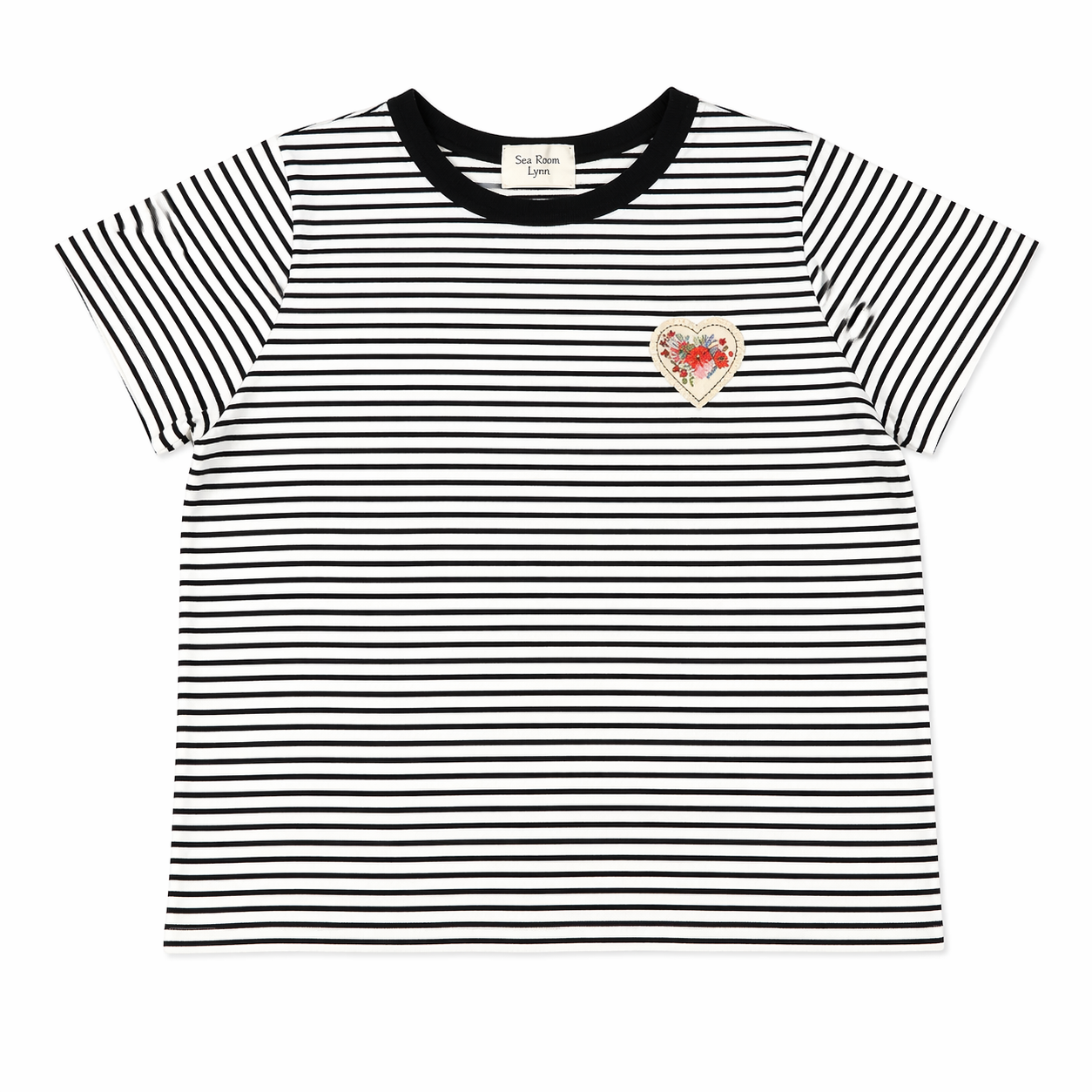 Black-and-white Striped Tee Shirt with Vintage Patch