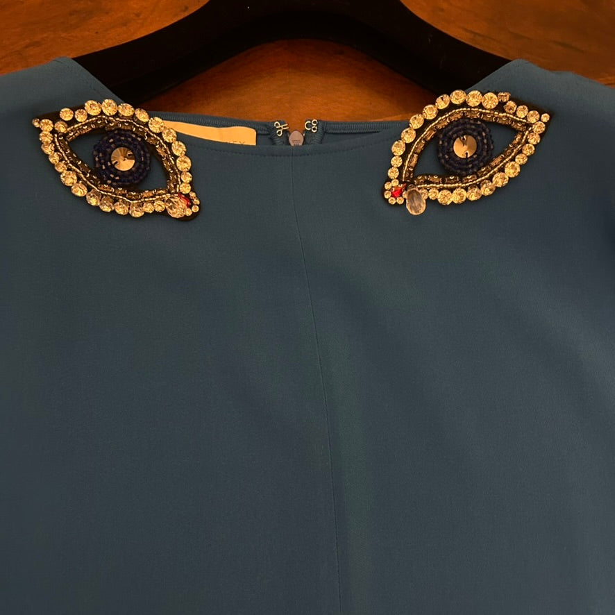 Stella McCartney Elbow-Sleeve Dress with Asymmetrical Hem and Eyes at Collar