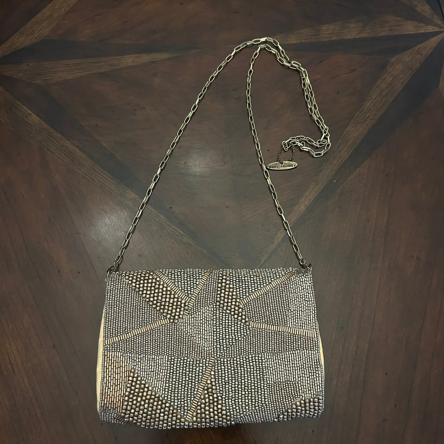 Mary Frances Beaded Shoulder Handbag with Onyx/Turq/Tiger Eye Clasp Button