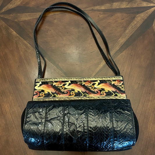 Vintage Alain Fourdraine Black Snakeskin Bag with Peacock Frame