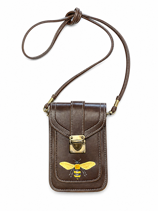 Minibag in Brown Leather with Handpainted Bumblebee