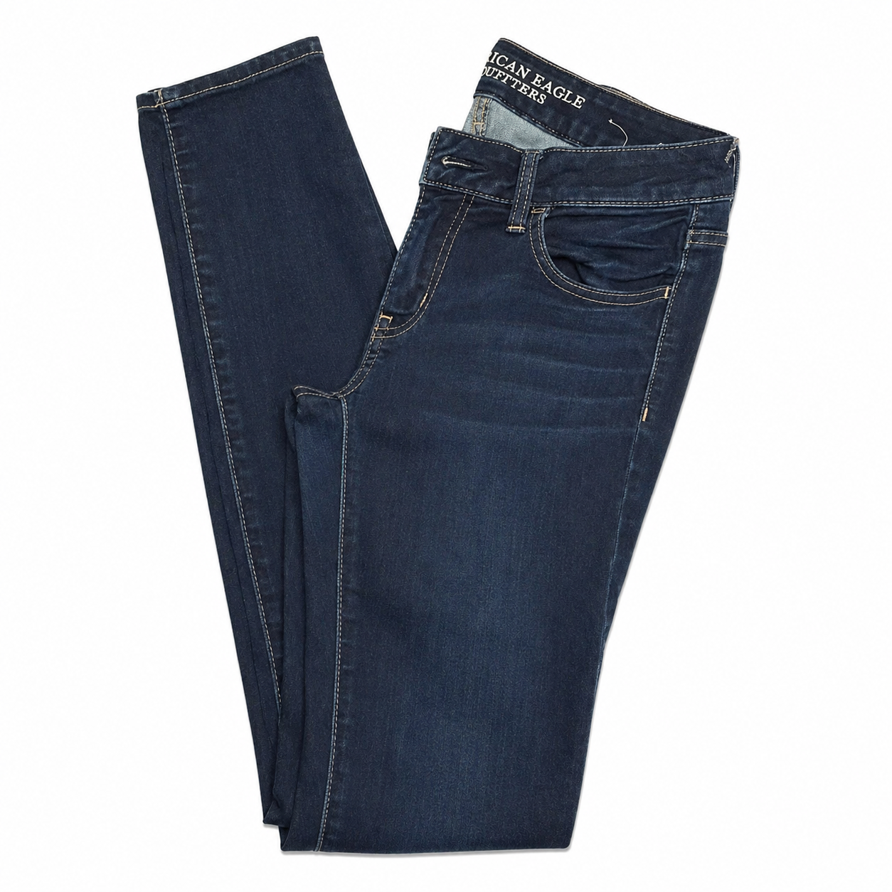 American Eagle Low-Rise Skinny Blue Jeans with Orange Stitching