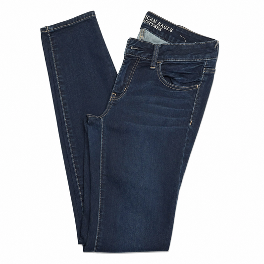 American Eagle Low-Rise Skinny Blue Jeans with Orange Stitching