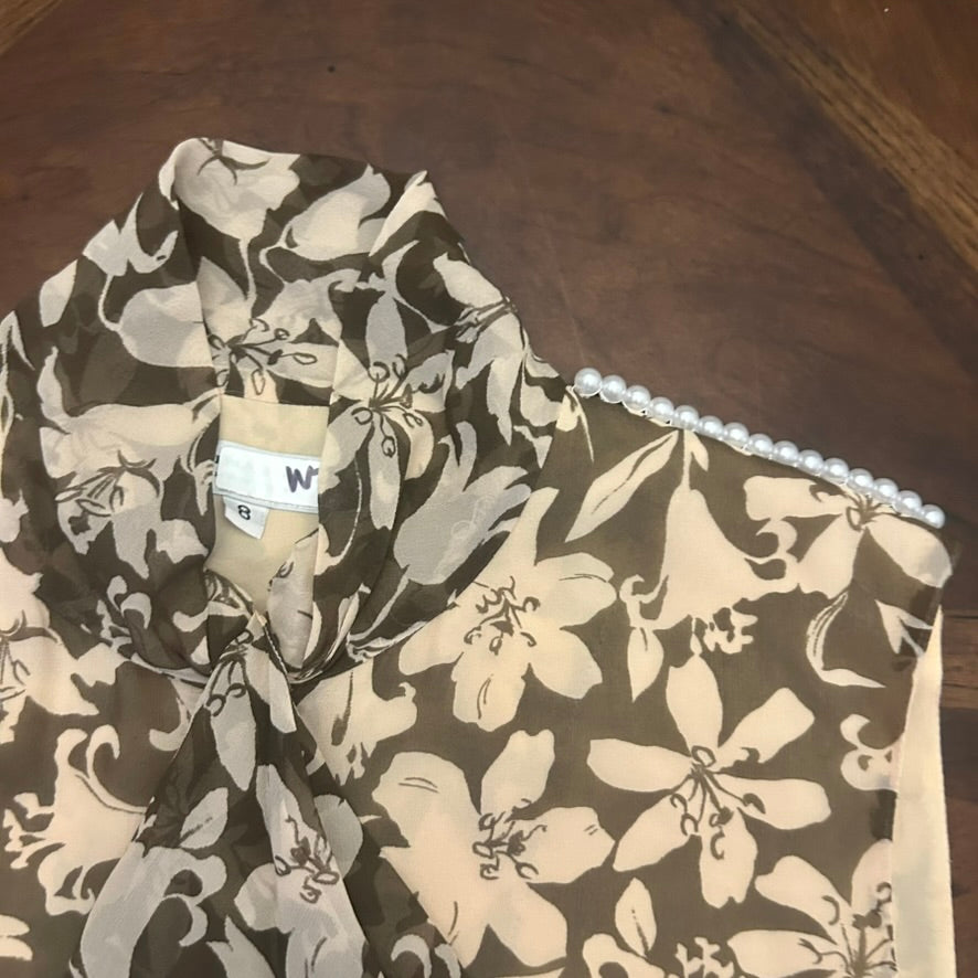 Carolina Herrera Floral Sleeveless Blouse with Ruffle Front and Embroidered Pearls at Shoulders