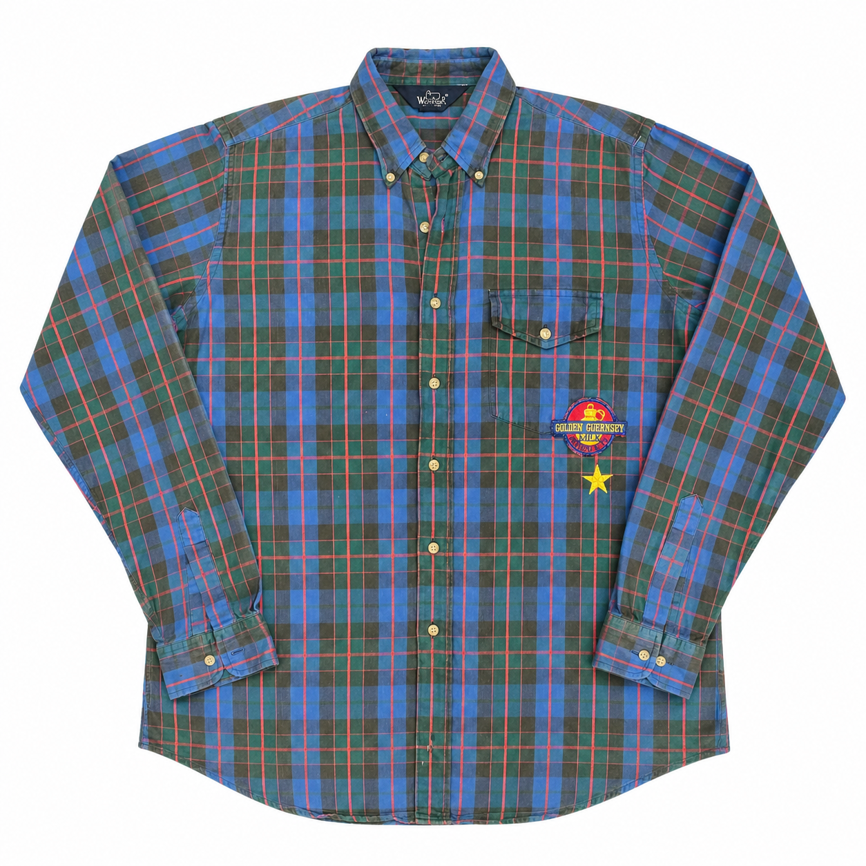 Woolrich Tartan Blue-Green-Red Flannel Shirt with Pocket and Guernsey Patch