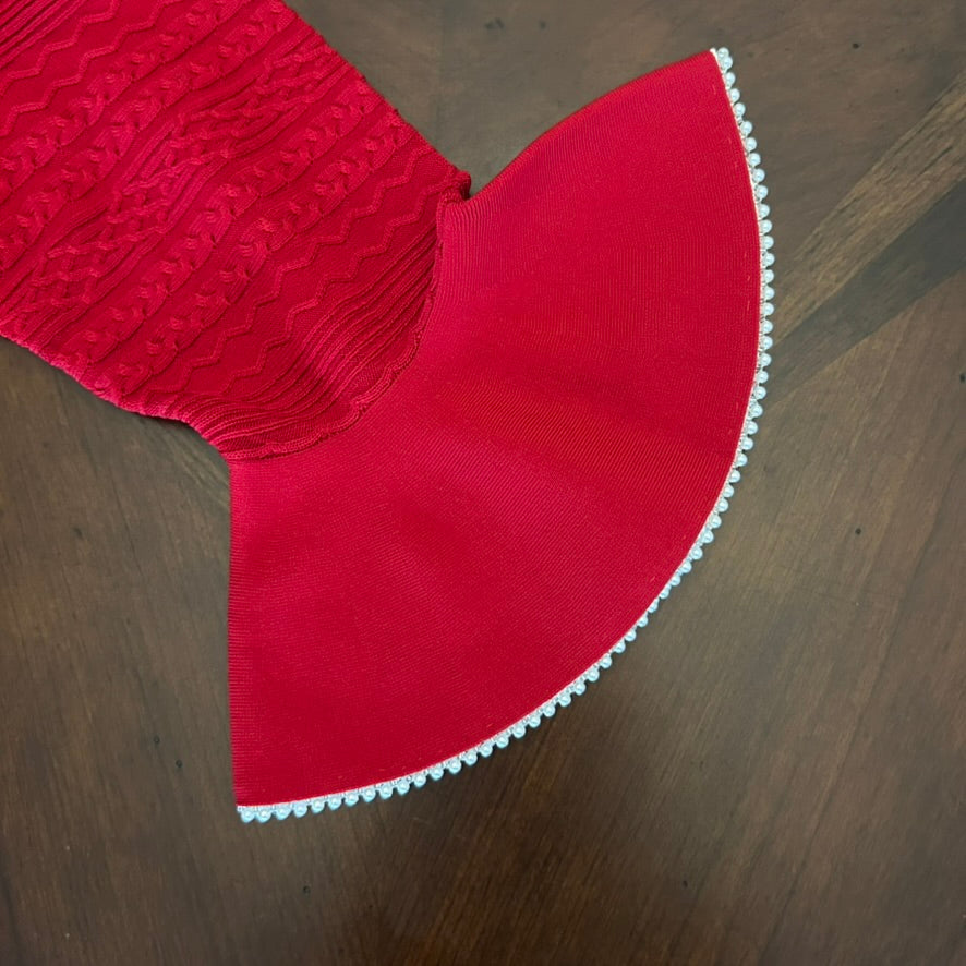 Carolina Herrera Red Cable Jewel 3/4 Sweater and Faux Pearl Sleeve Trim