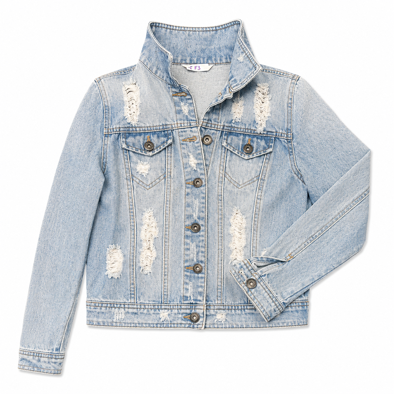Destructed Denim Jacket with Floral Applique