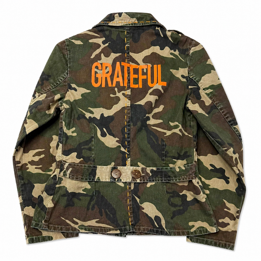 Camo Jacket with GRATEFUL Lettering and Hand-stitching