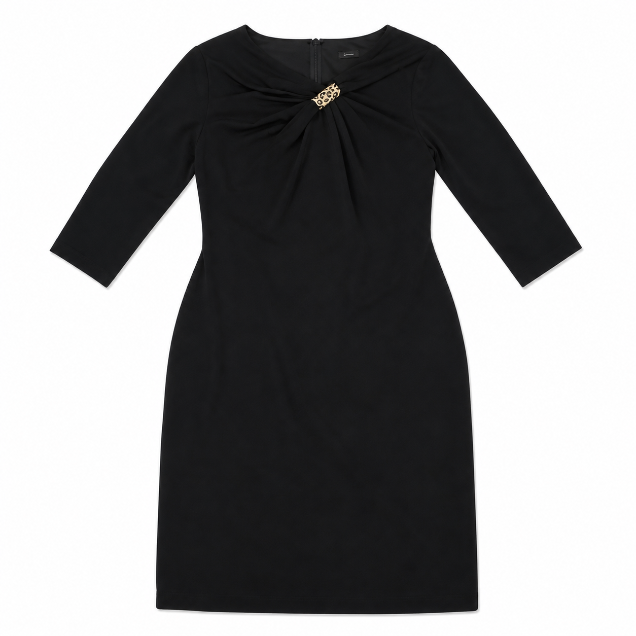 David Meister Black Jersey Dress with Hand-Painted Leopard Scarf Ring