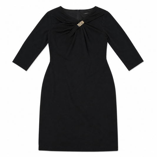 David Meister Black Jersey Dress with Hand-Painted Leopard Scarf Ring
