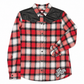 Red Windowpane Plaid Shirt with Faux Leather Shoulders & Sex Pistols Patch