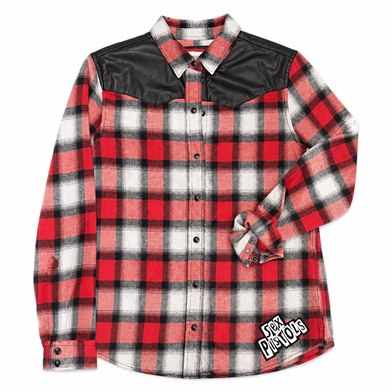 Red Windowpane Plaid Shirt with Faux Leather Shoulders & Sex Pistols Patch