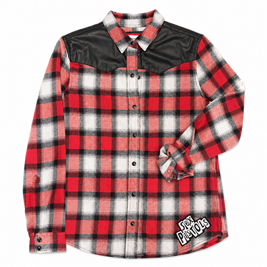 Red Windowpane Plaid Shirt with Faux Leather Shoulders & Sex Pistols Patch