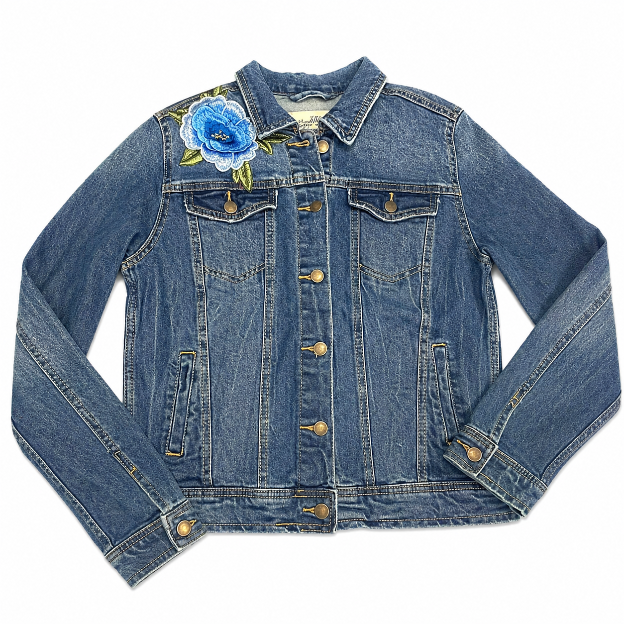 Denim Jacket with Blue Rose Patch