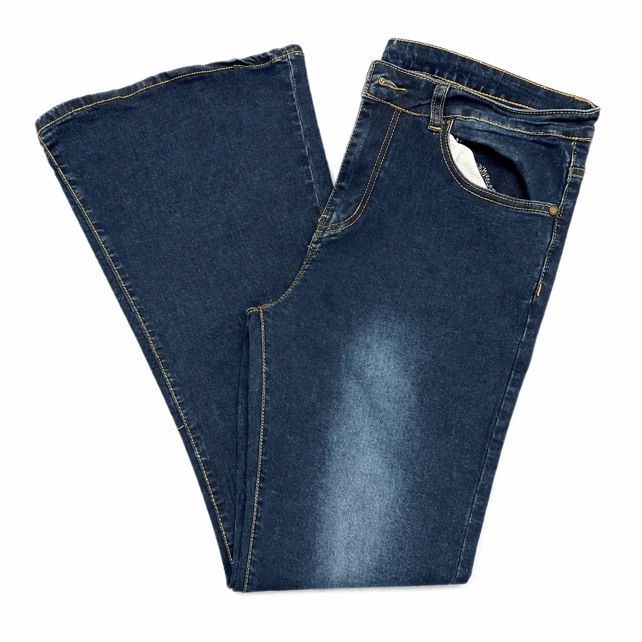 Distressed Hi-waist Gold Stitched Bellbottom Blue Jeans