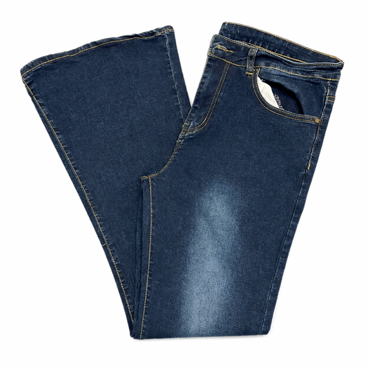 Distressed Hi-waist Gold Stitched Bellbottom Blue Jeans