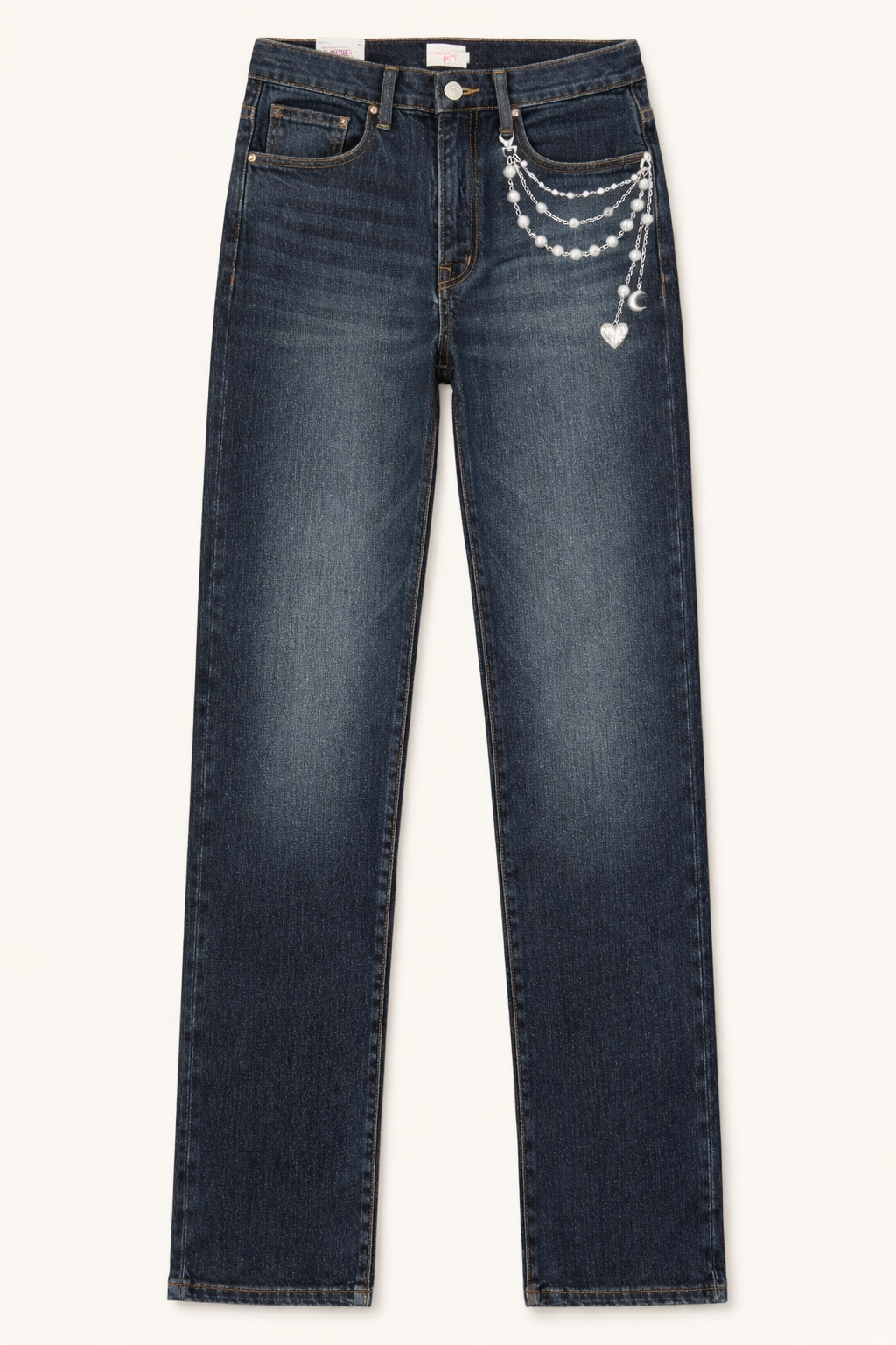 Frame Ultra Hi-Rise Le Sylvie Slender Straight Indigo Jean with Painted-on Pearl Chain