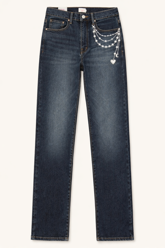 Frame Ultra Hi-Rise Le Sylvie Slender Straight Indigo Jean with Painted-on Pearl Chain