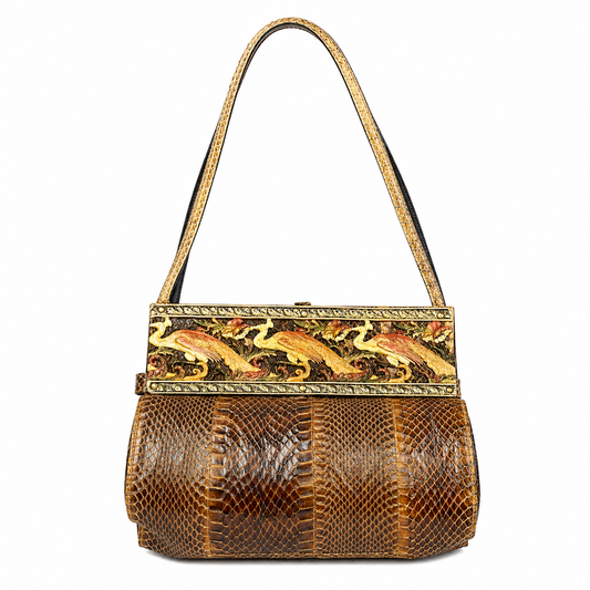 Vintage Alain Fourdraine Paris Snakeskin Bag with Peacock Frame