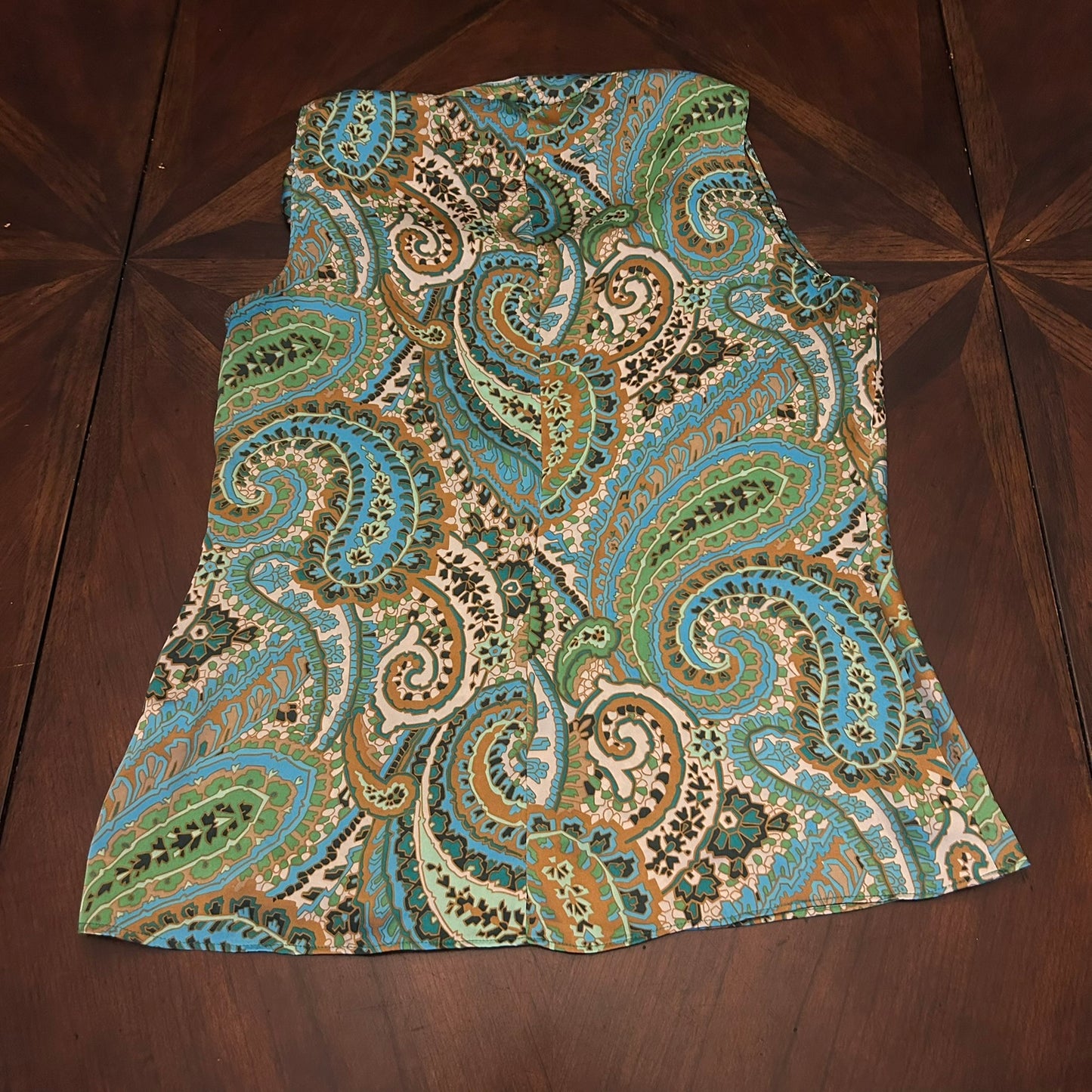 Banana Republic Blue-Green Paisley Sleeveless Top with Golden Beads on Shoulder