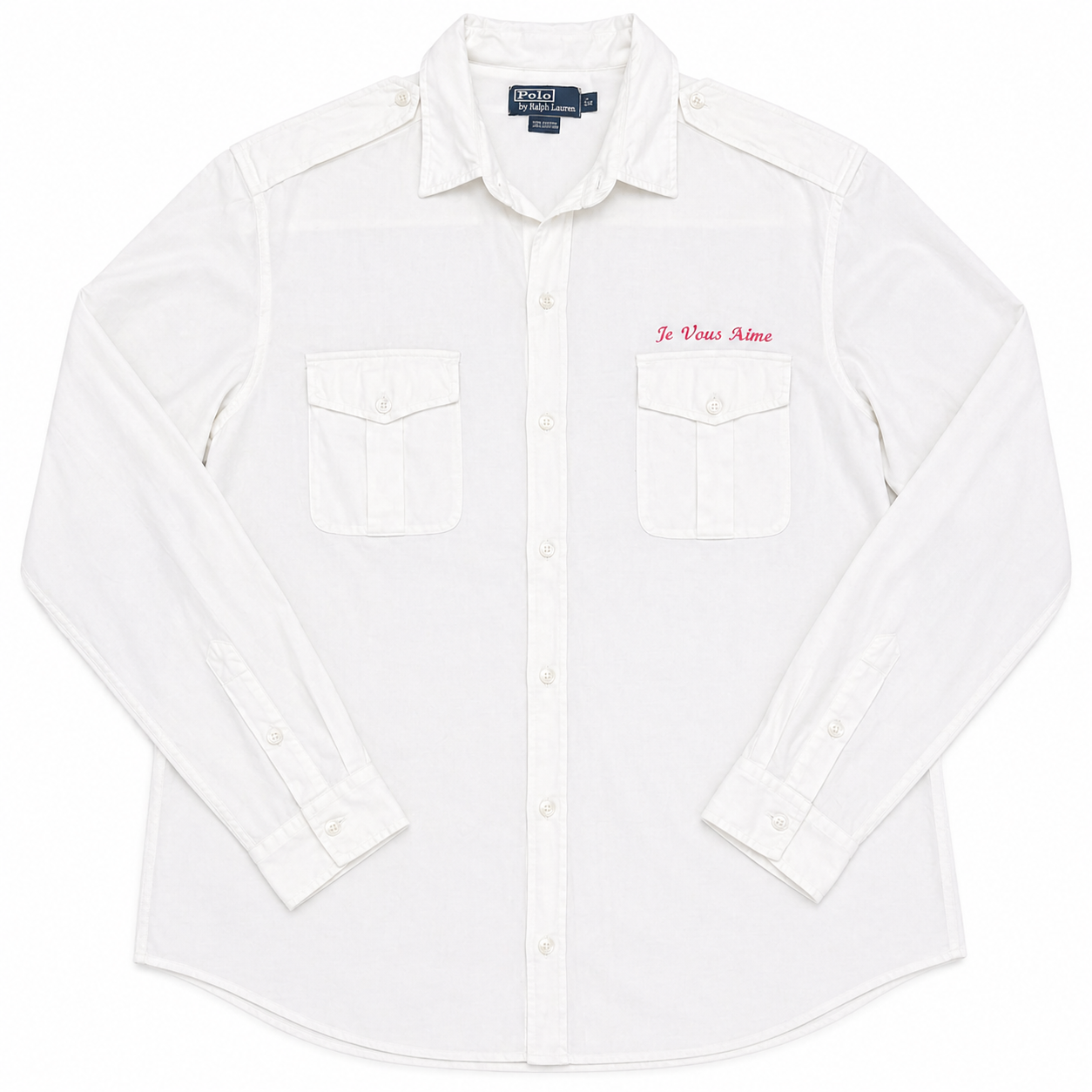 Polo by Ralph Lauren White Button-Up Shirt with "Je Vous Aime" Embroidery
