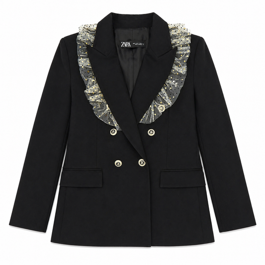Zara Black Double-Breasted Blazer with Metallic Dotted Trim