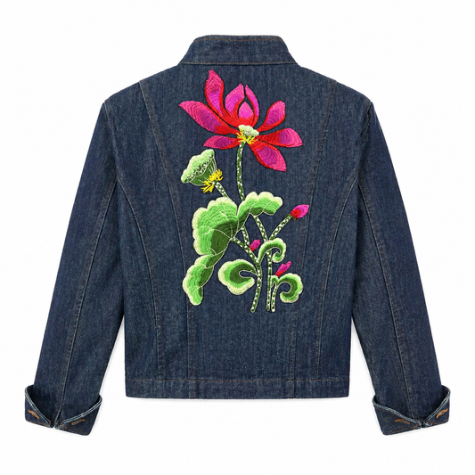 Ambition Zip Front Denim Jacket with Floral Applique