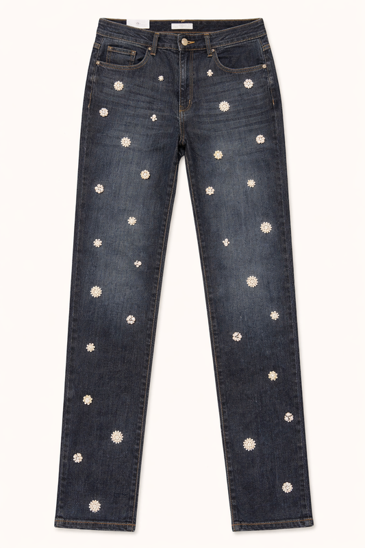 DL1961 Hi-Rise Curvy Bedazzled Straight-Leg Blue Jeans