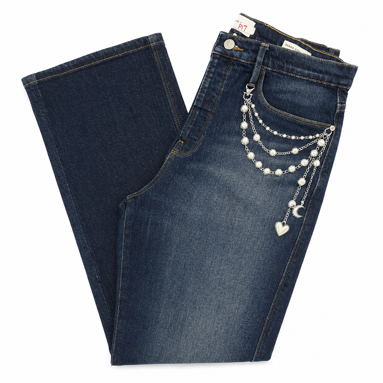 Frame Ultra Hi-Rise Le Sylvie Slender Straight Indigo Jean with Painted-on Pearl Chain