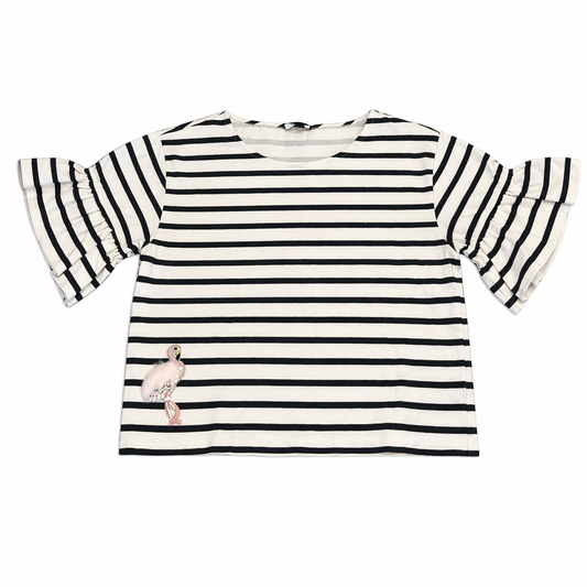 J. Crew Navy/White Striped Shirt with Flamingo Appliqué and Bell Sleeves