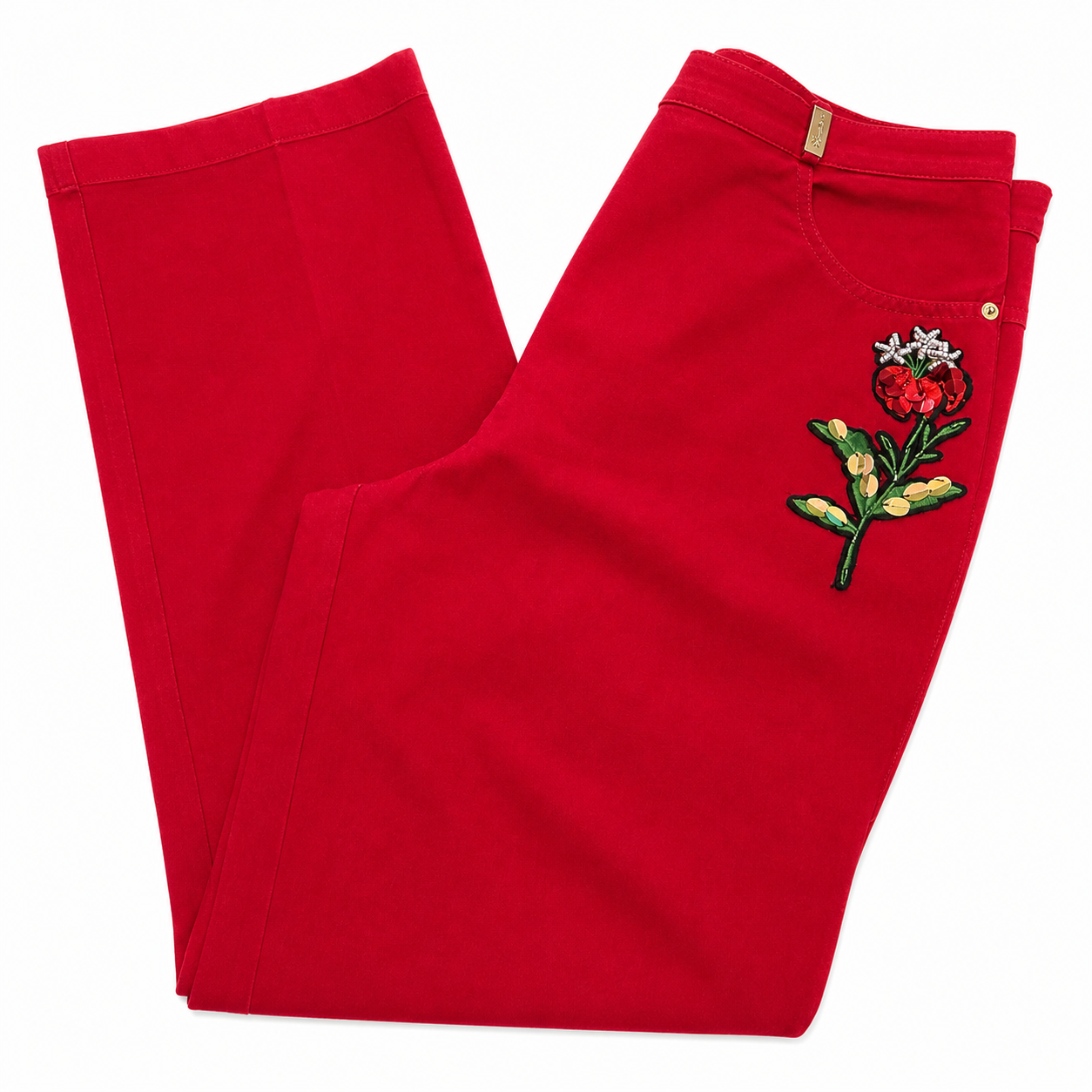 St. John Sport Essentials Red Jeans with Front Floral Applique