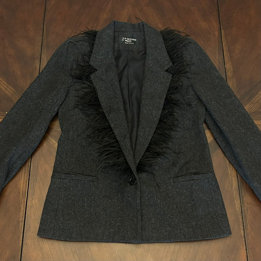 ER Gerard Grey Flannel Blazer with Feather Trim Collar