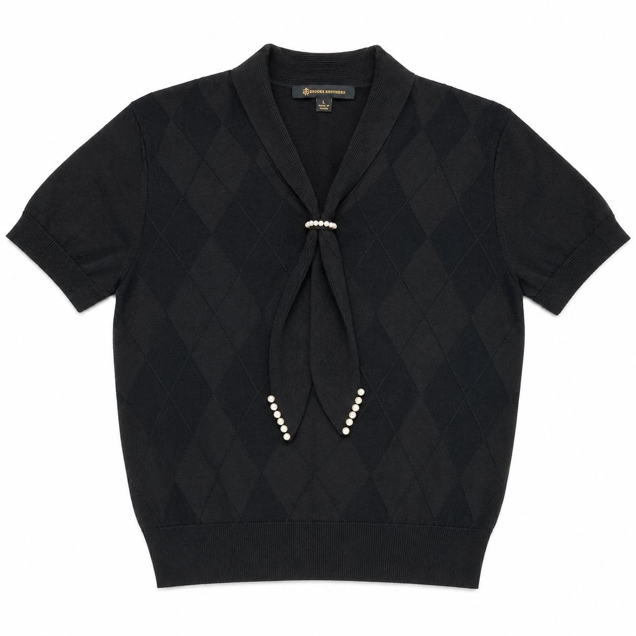 Brooks Brothers Short Sleeve Shawl Neck Sweater with Added Pearl Details