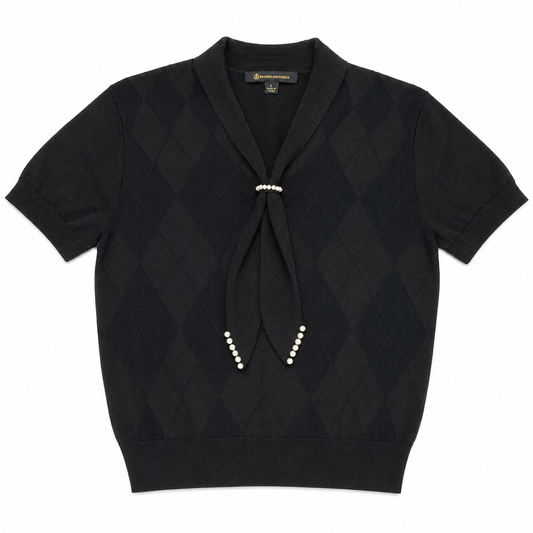 Brooks Brothers Short Sleeve Shawl Neck Sweater with Added Pearl Details