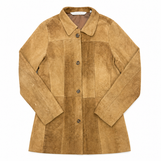 Andrew Marc Suede Button-Front Long Shirt Jacket with Hand-painted Floral