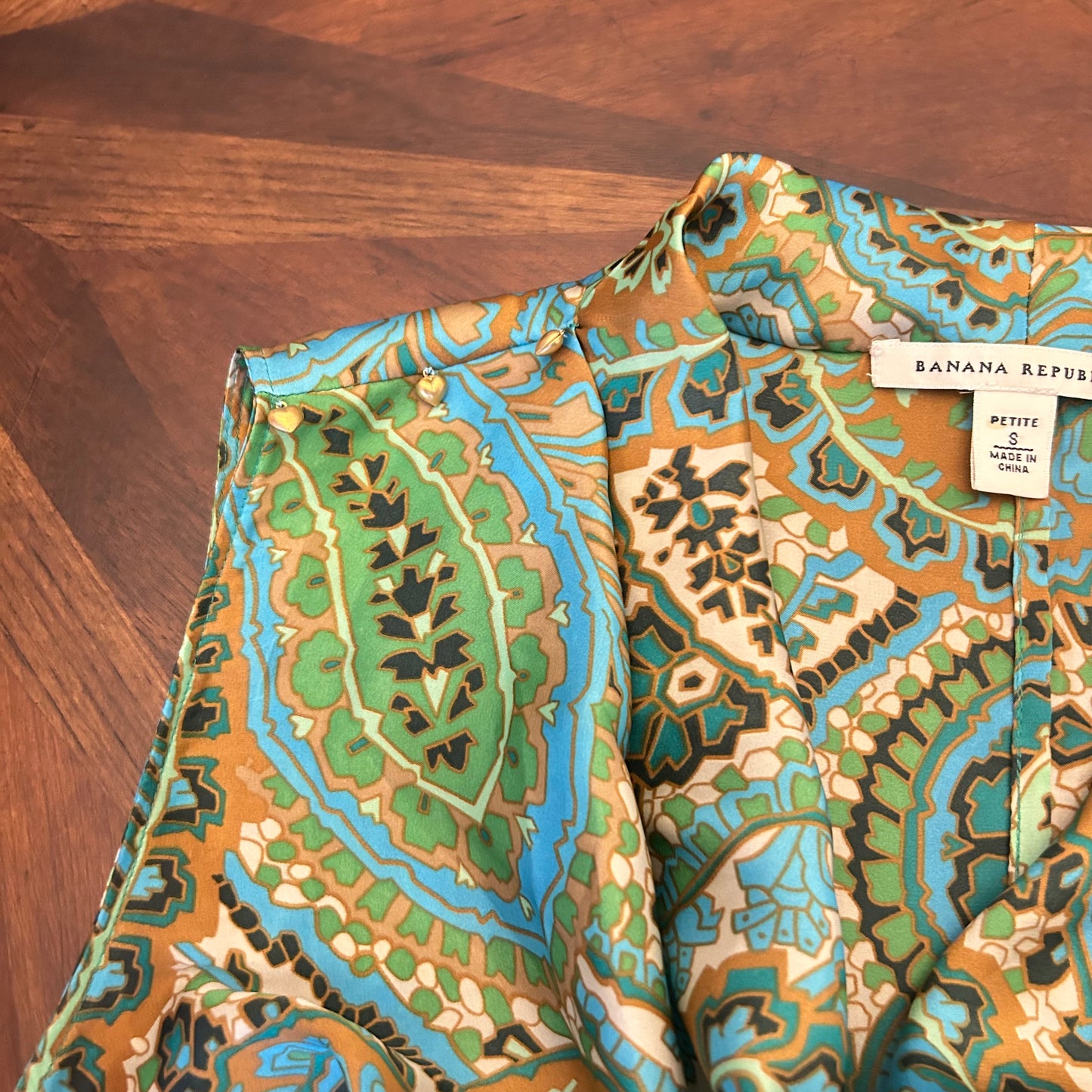 Banana Republic Blue-Green Paisley Sleeveless Top with Golden Beads on Shoulder