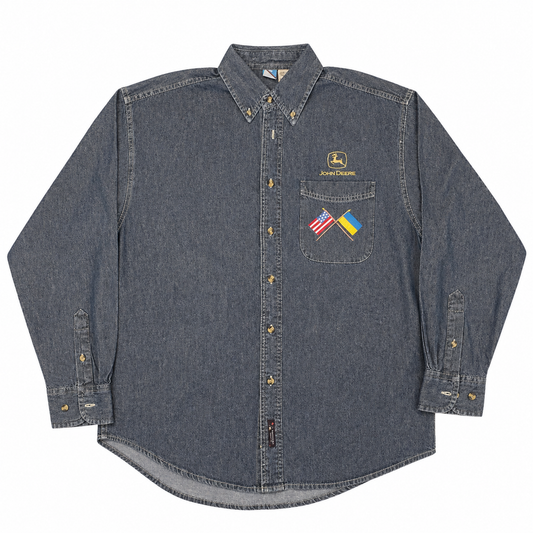 UKRAINE & US Hand-Painted Flags on Denim John Deere Shirt