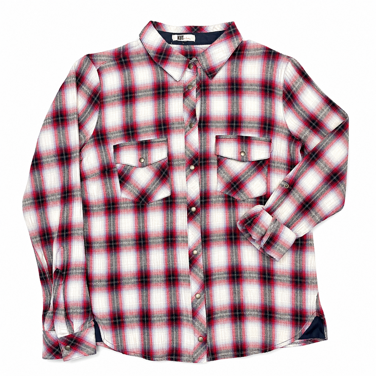 KUT Red Plaid Shirt with Snaps and 'MARTY' Patch