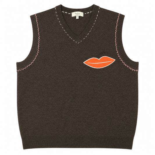 Turnberry Brown Vest with Pink Stitching and Lips Appliqué