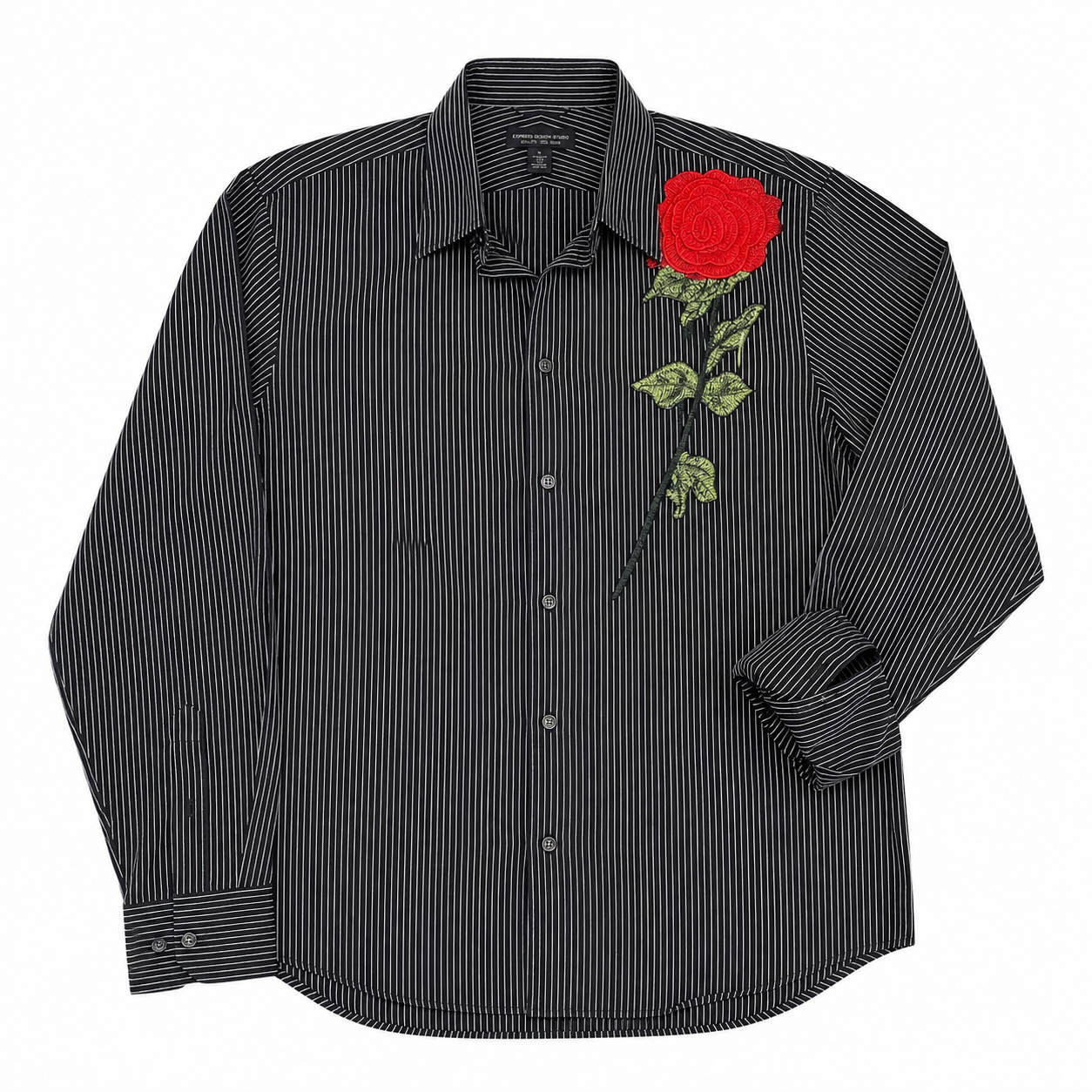 Express Design Vertical Stripe Shirt with Rose Appliqué