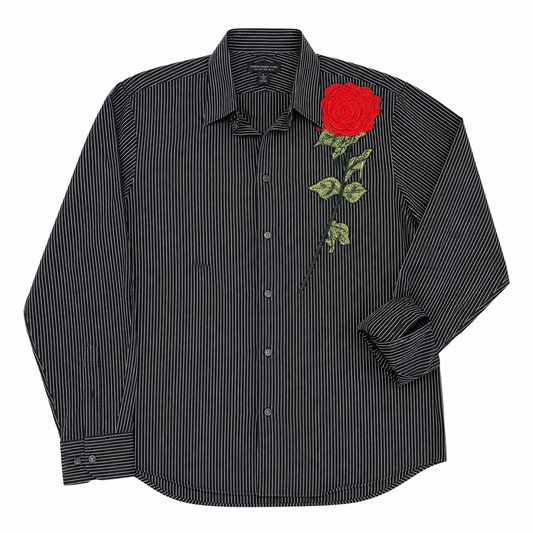 Express Design Vertical Stripe Shirt with Rose Appliqué