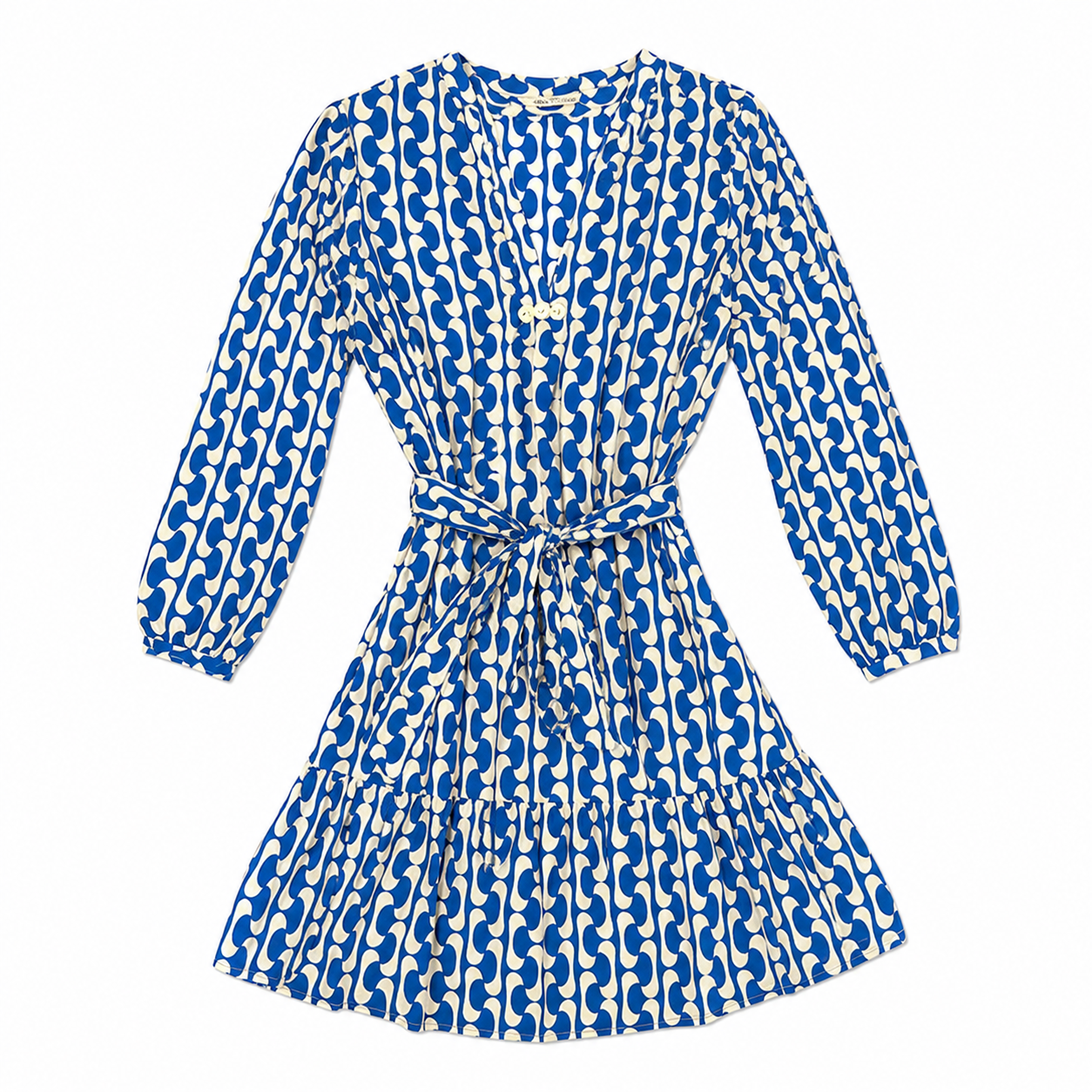 Zara Royal & White Swirl Blouson Printed Belted Dress