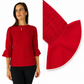 Carolina Herrera Red Cable Jewel 3/4 Sweater and Faux Pearl Sleeve Trim