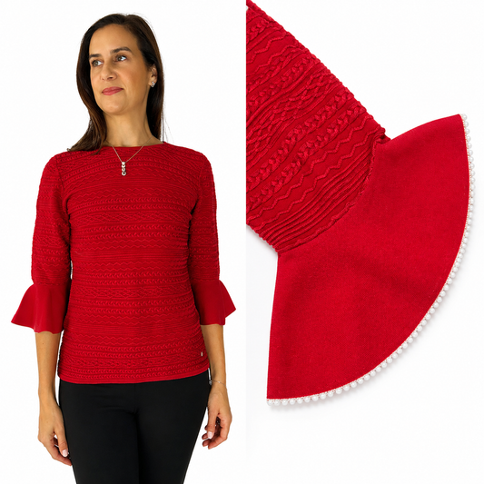 Carolina Herrera Red Cable Jewel 3/4 Sweater and Faux Pearl Sleeve Trim